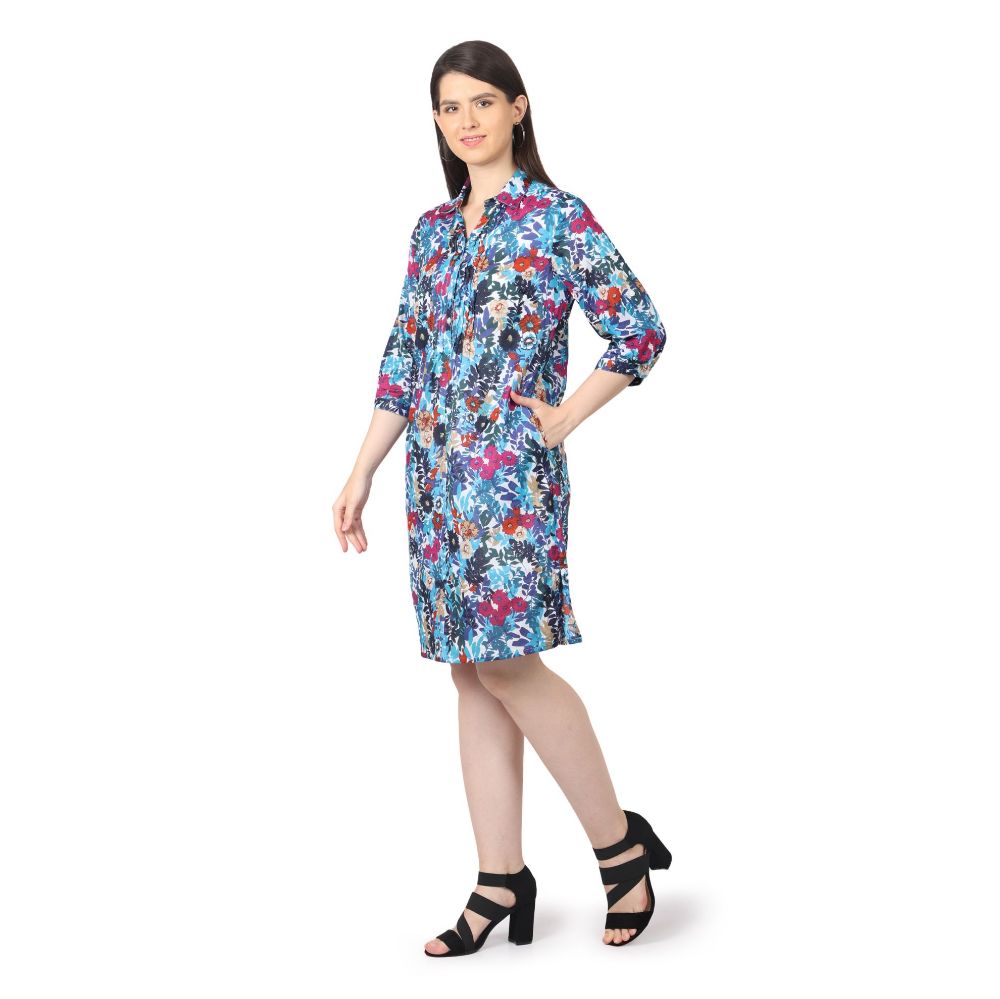 Picture of Frenchtrendz Womens Blue Printed Pintuck Dress