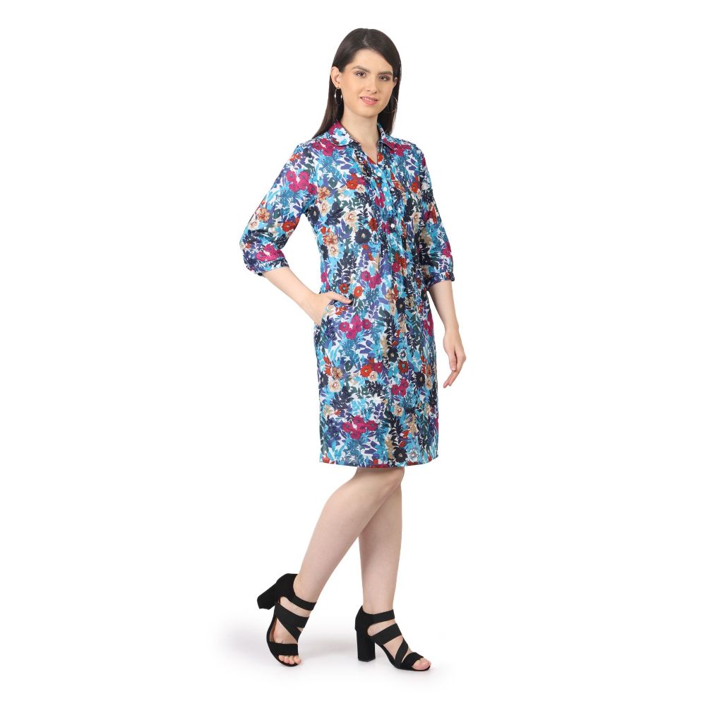 Picture of Frenchtrendz Womens Blue Printed Pintuck Dress