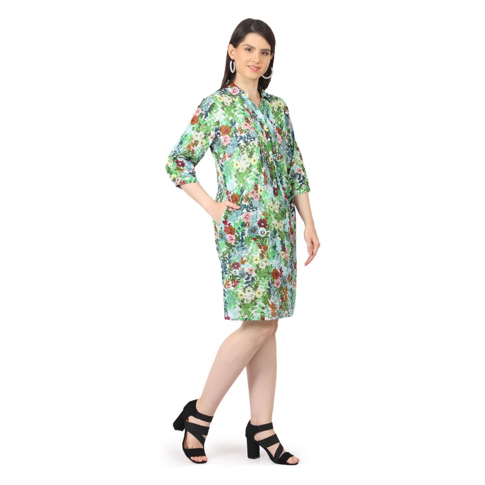 Picture of Frenchtrendz Womens Green Printed Pintuck Dress