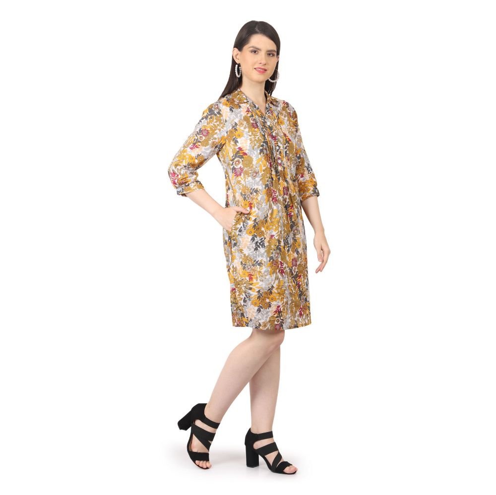Picture of Frenchtrendz Womens beige Printed Pintuck Dress