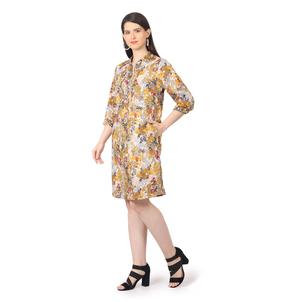 Picture of Frenchtrendz Womens beige Printed Pintuck Dress