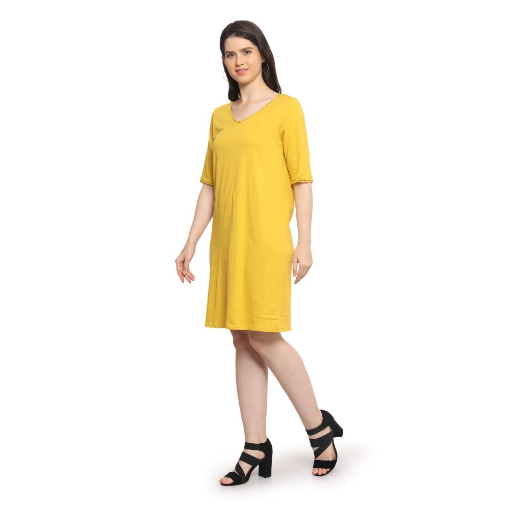 Picture of Frenchtrendz Women's Back Lace Designer Neck A-line Knee Length Mustard Yellow Dress