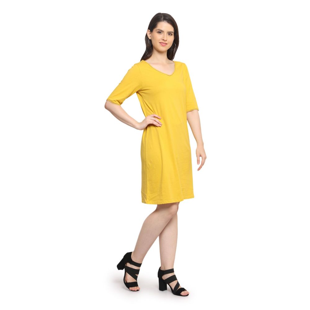 Picture of Frenchtrendz Women's Back Lace Designer Neck A-line Knee Length Mustard Yellow Dress