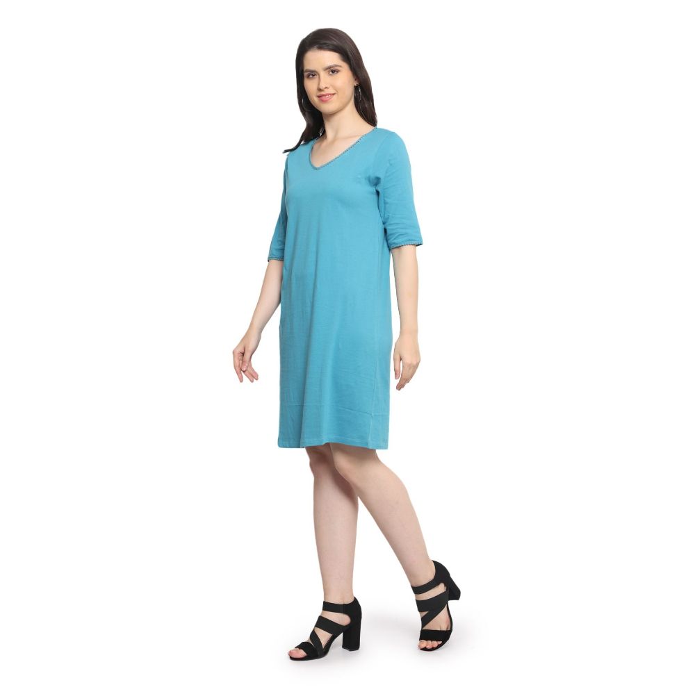 Picture of Frenchtrendz Women's Back Lace Designer Neck A-Line Knee Length  Blue Dress