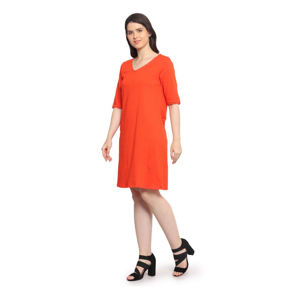 Picture of Frenchtrendz Women's Back Lace Designer Neck A-Line Knee Length Orange Dress
