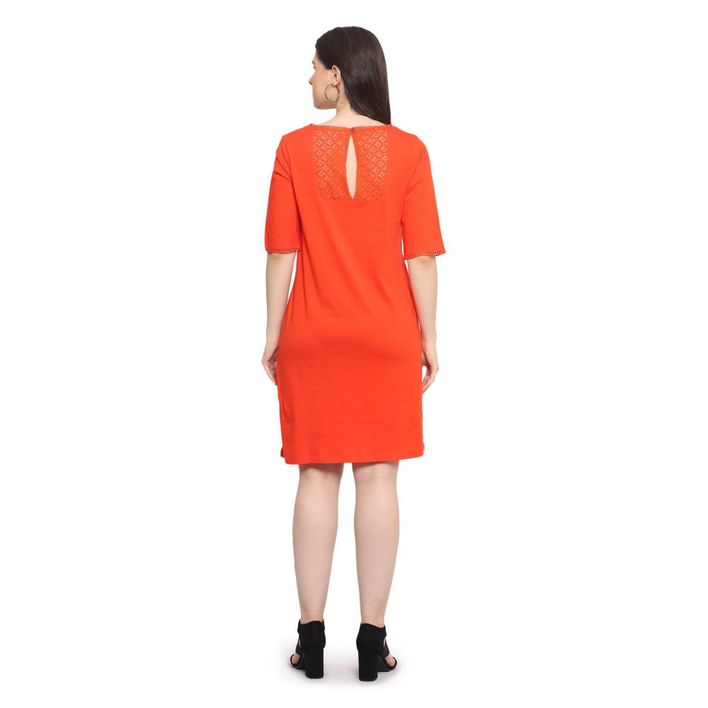 Picture of Frenchtrendz Women's Back Lace Designer Neck A-Line Knee Length Orange Dress