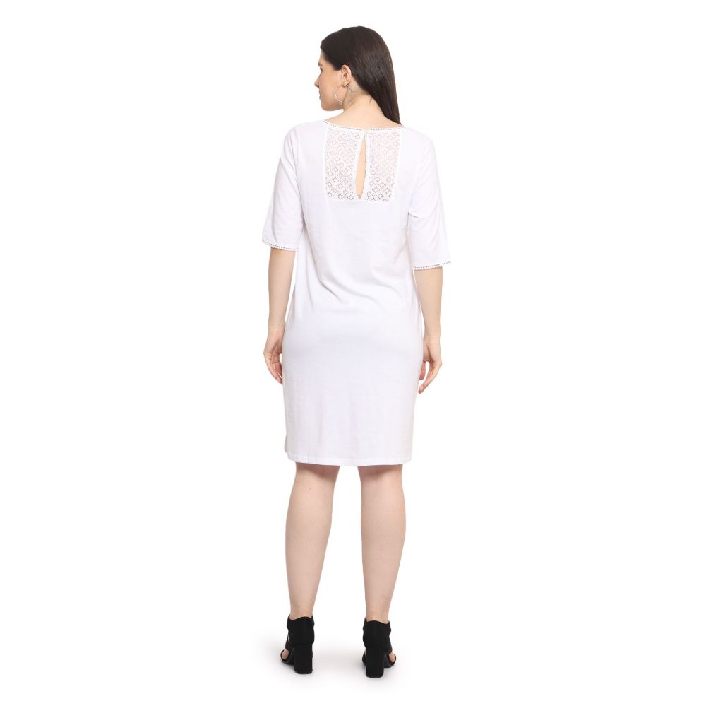 Picture of Frenchtrendz Women's Back Lace Designer Neck A-Line Knee Length White Dress