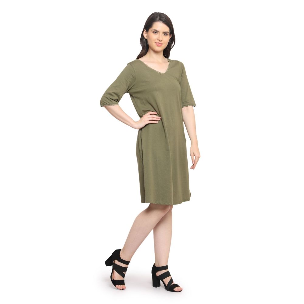 Picture of Frenchtrendz Women's Back Lace Designer Neck A-Line Knee Length Olive Green Dress