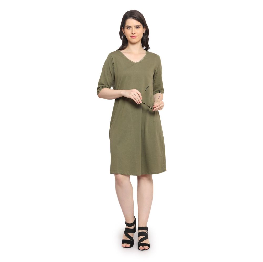 Picture of Frenchtrendz Women's Back Lace Designer Neck A-Line Knee Length Olive Green Dress