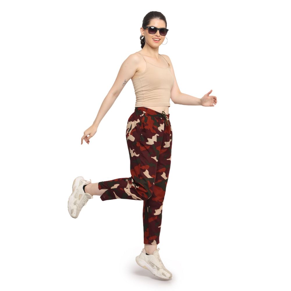 Picture of Frenchtrendz Women's Military Print Wine Base Elasticated Bottom Pant.