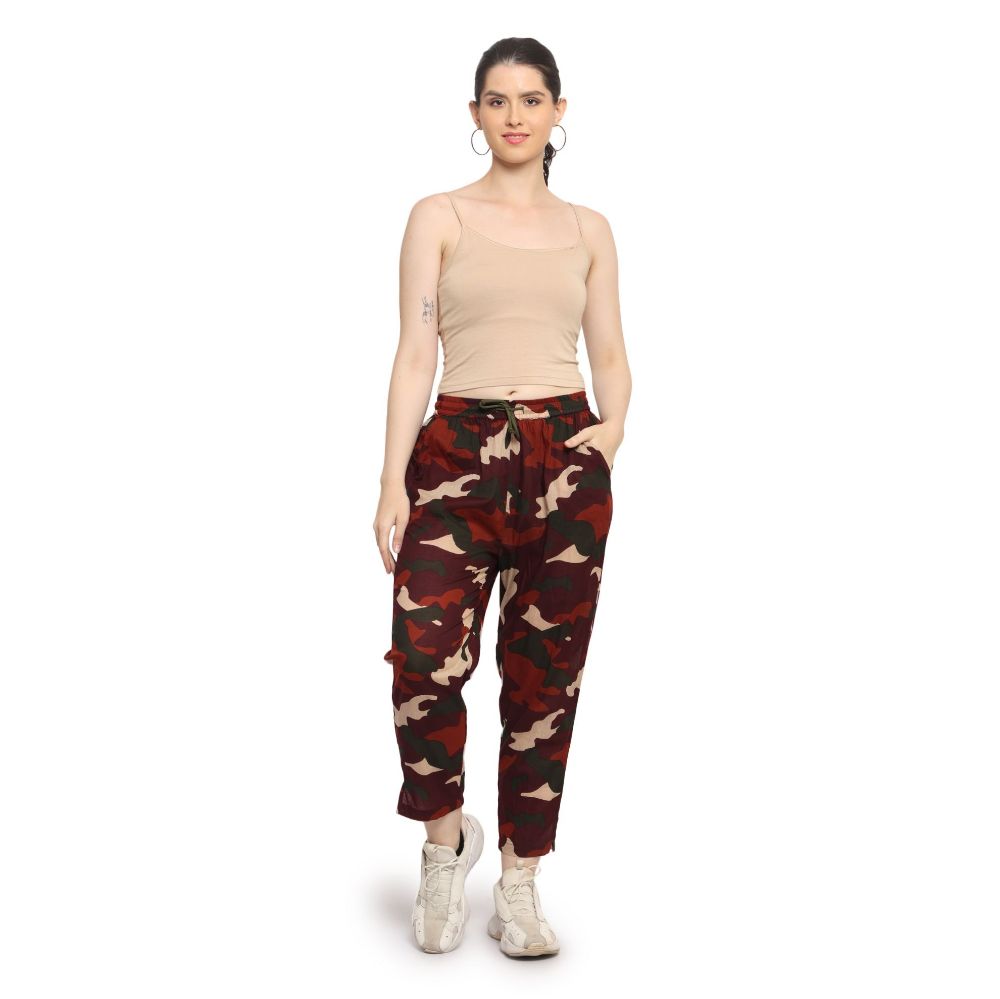 Picture of Frenchtrendz Women's Military Print Wine Base Elasticated Bottom Pant.