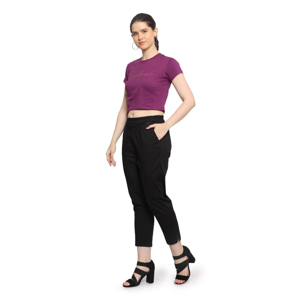 Picture of Frenchtrendz Women's Ankle Length Front Belt And Back Elasticated Poplin Lycra Black Pant
